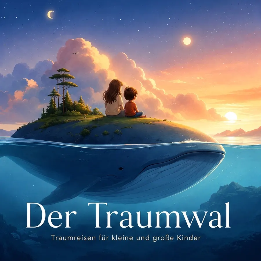 Der Traumwal: ein großer blauer Wal im Abendmeer, auf seinem Rücken eine kleine Insel mit zwei Kindern, die den Sonnenuntergang ansehen